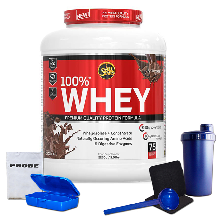 All Stars 100%* Whey Protein Eiwei 2,27kg Dose + Bonus Shaker Schoko